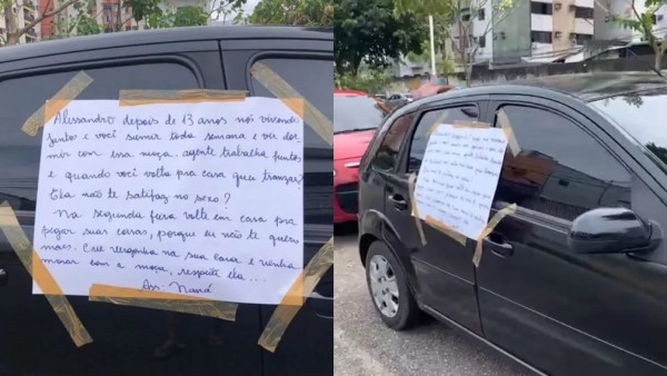 Mulher que deixou cartaz no carro do marido o reencontra após traição e revela sua reação